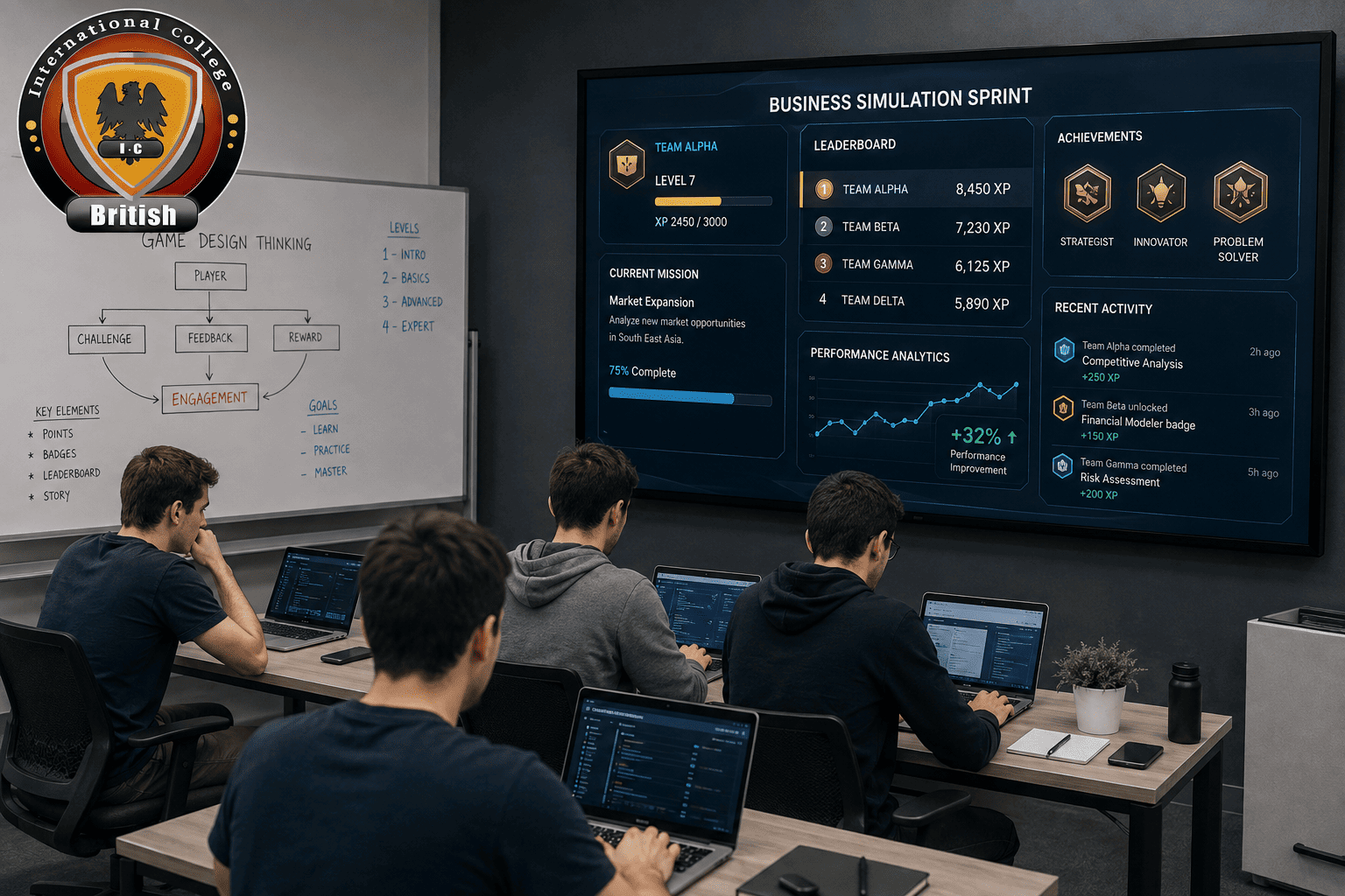 Students collaborating in a modern university tech lab using gamification and interactive learning simulations